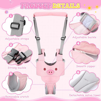 Pink Baby Safety Helmet Set with adjustable straps, buckle, zipper, removable crotch, and detachable saliva towel featuring a cute pig design