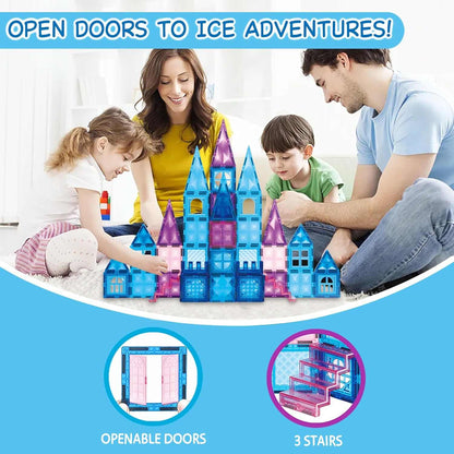 Family playing with Ice Princess Castle Magnetic Tiles building set featuring openable doors and stairs