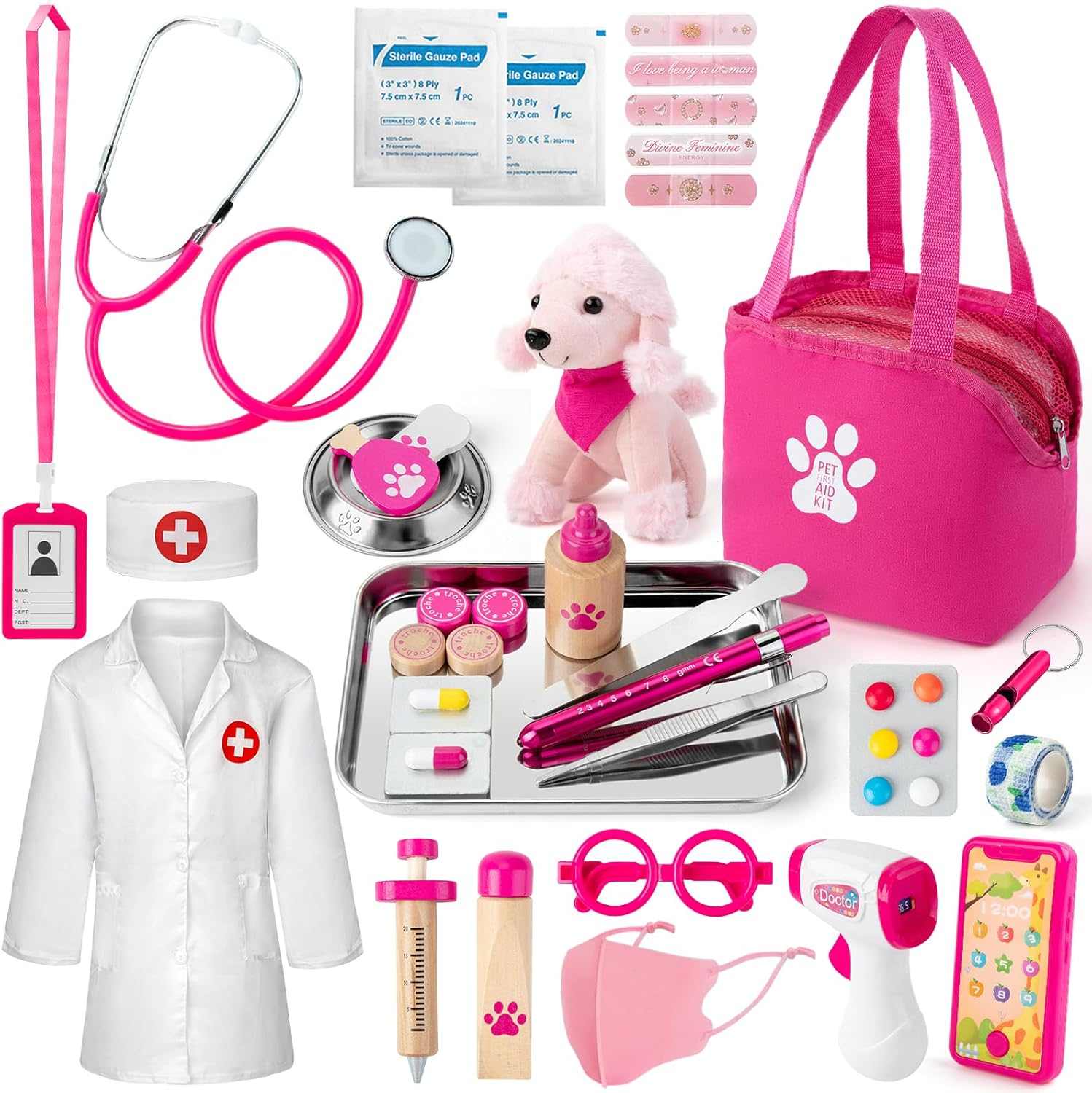 36 PC Vet Doctor Kit with plush dog and costume for kids role play