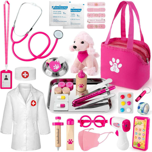 36 PC Vet Doctor Kit with plush dog and costume for kids role play