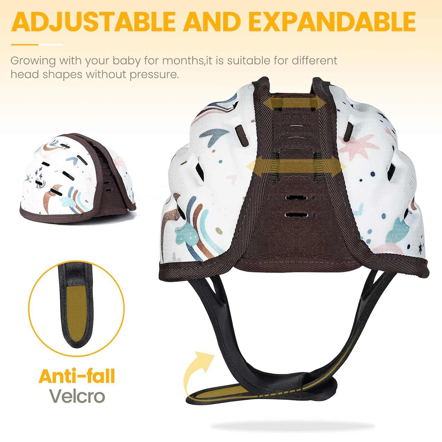 Baby safety helmet with adjustable straps and patterned design on a white background
