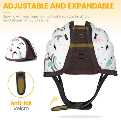 Baby safety helmet with adjustable straps and patterned design on a white background