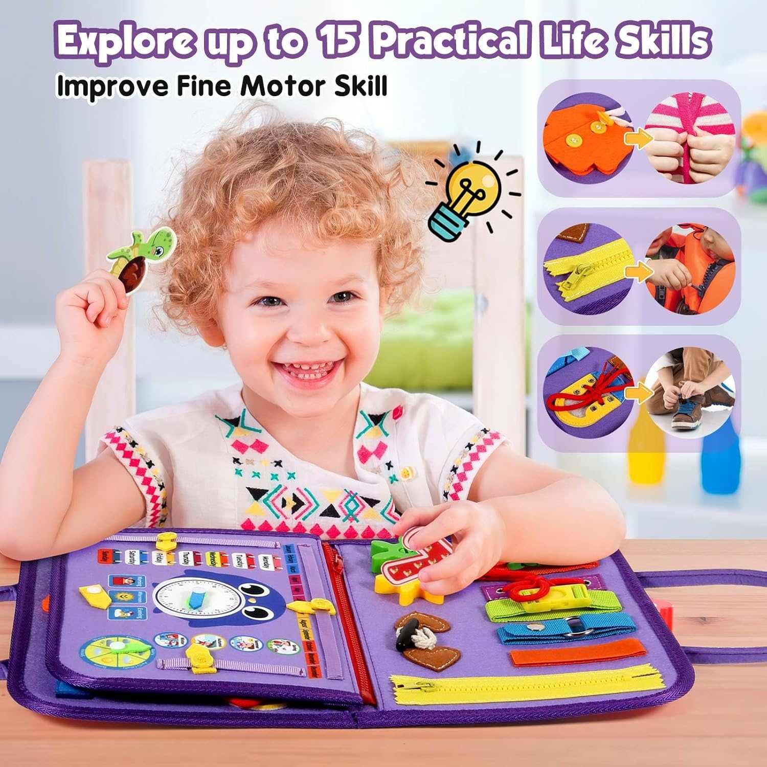 Child playing with a educational toy that improves fine motor skills, with text about practical life skills.