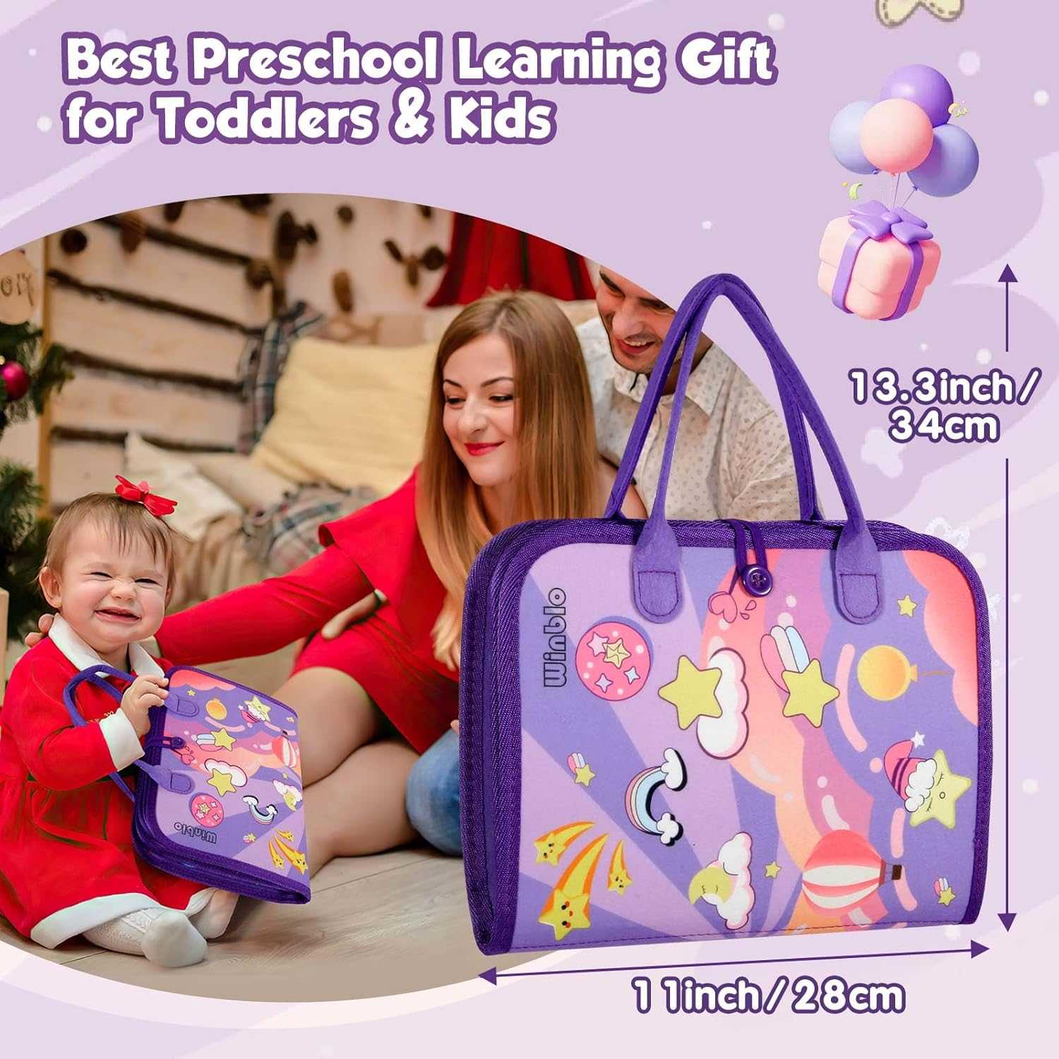 Purple educational toy bag with cartoon designs, suitable for toddlers and kids, being used by a child.