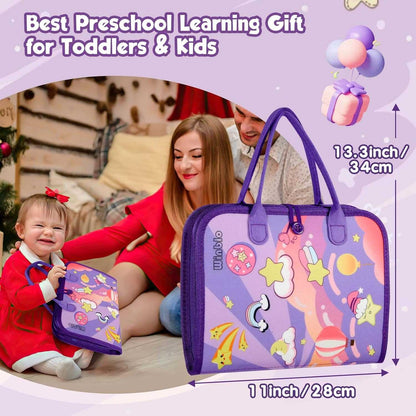 Purple educational toy bag with cartoon designs, suitable for toddlers and kids, being used by a child.