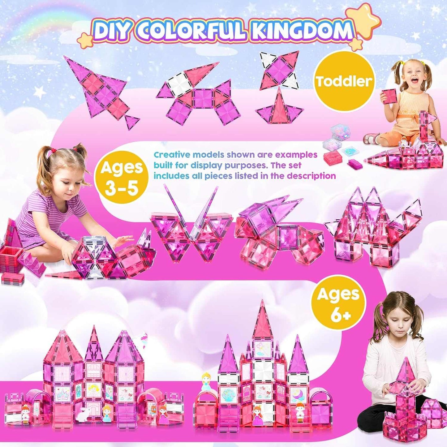 Strawberry Princess Castle magnetic tiles building set for girls ages 3-8 in pink with castles and accessories