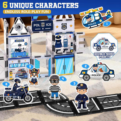Military Magnetic Tiles creative building set with police station, vehicles, and soldier figures for kids' imaginative play