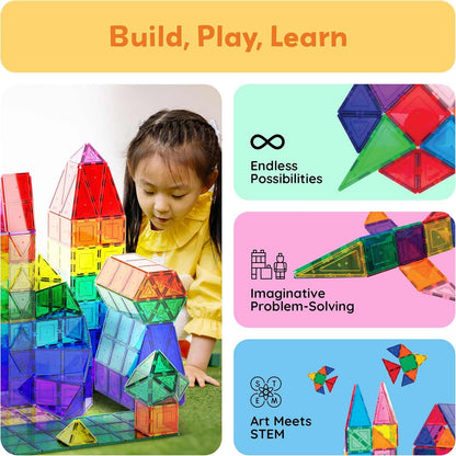 Child playing with colorful Magnetic Building Tiles for Kids STEM educational construction set promoting creativity and problem-solving