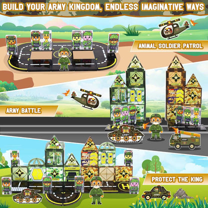 Military Magnetic Tiles set with police station, vehicles, and soldier figures for creative building and hero roleplay