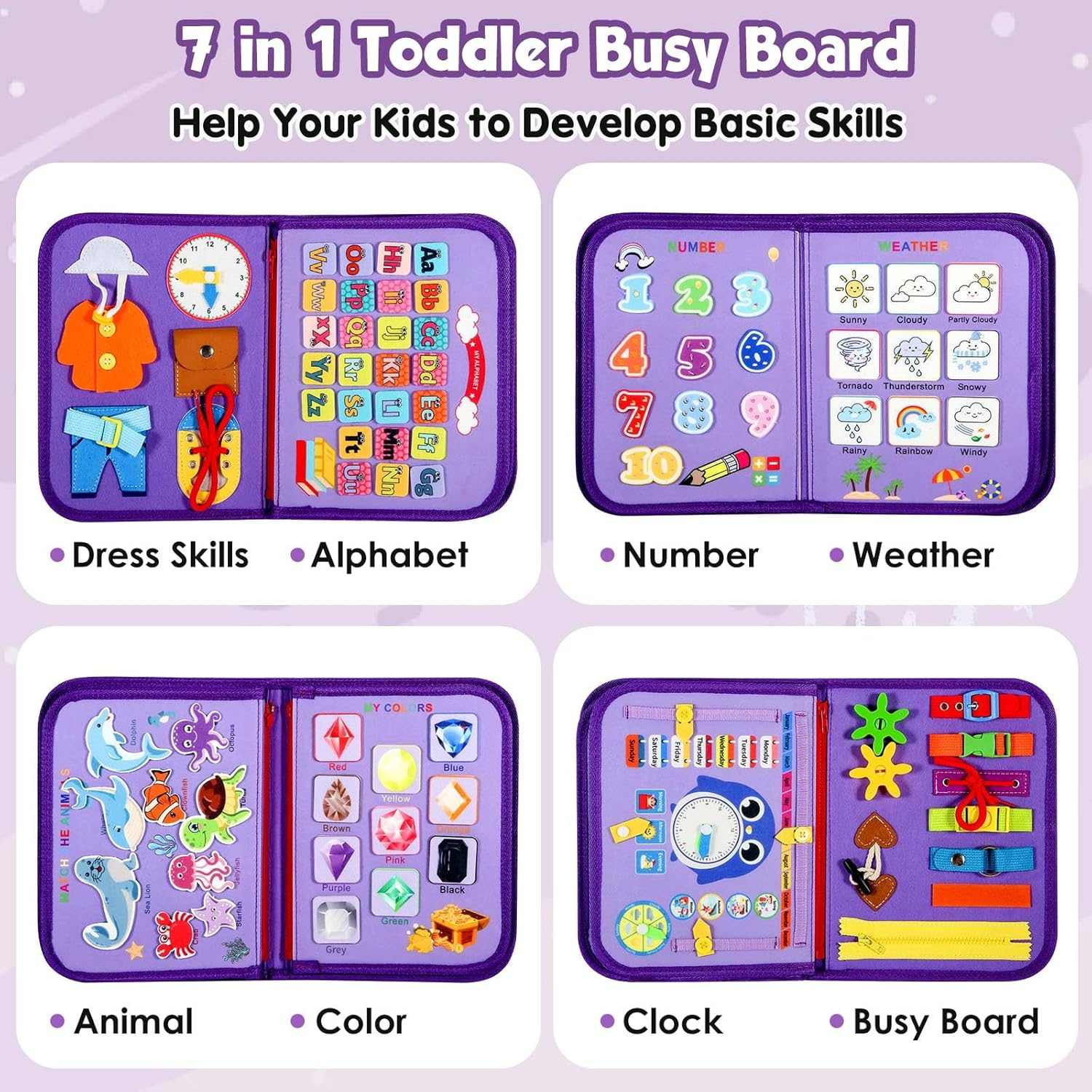 7-in-1 toddler busy board with various educational activities on a purple background
