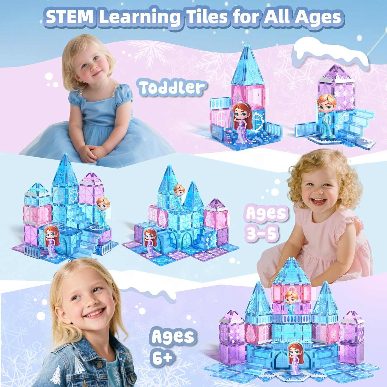 44-piece magnetic tiles princess castle building set with dolls, stairs, snowflake tiles, and windows for STEM play and creative building