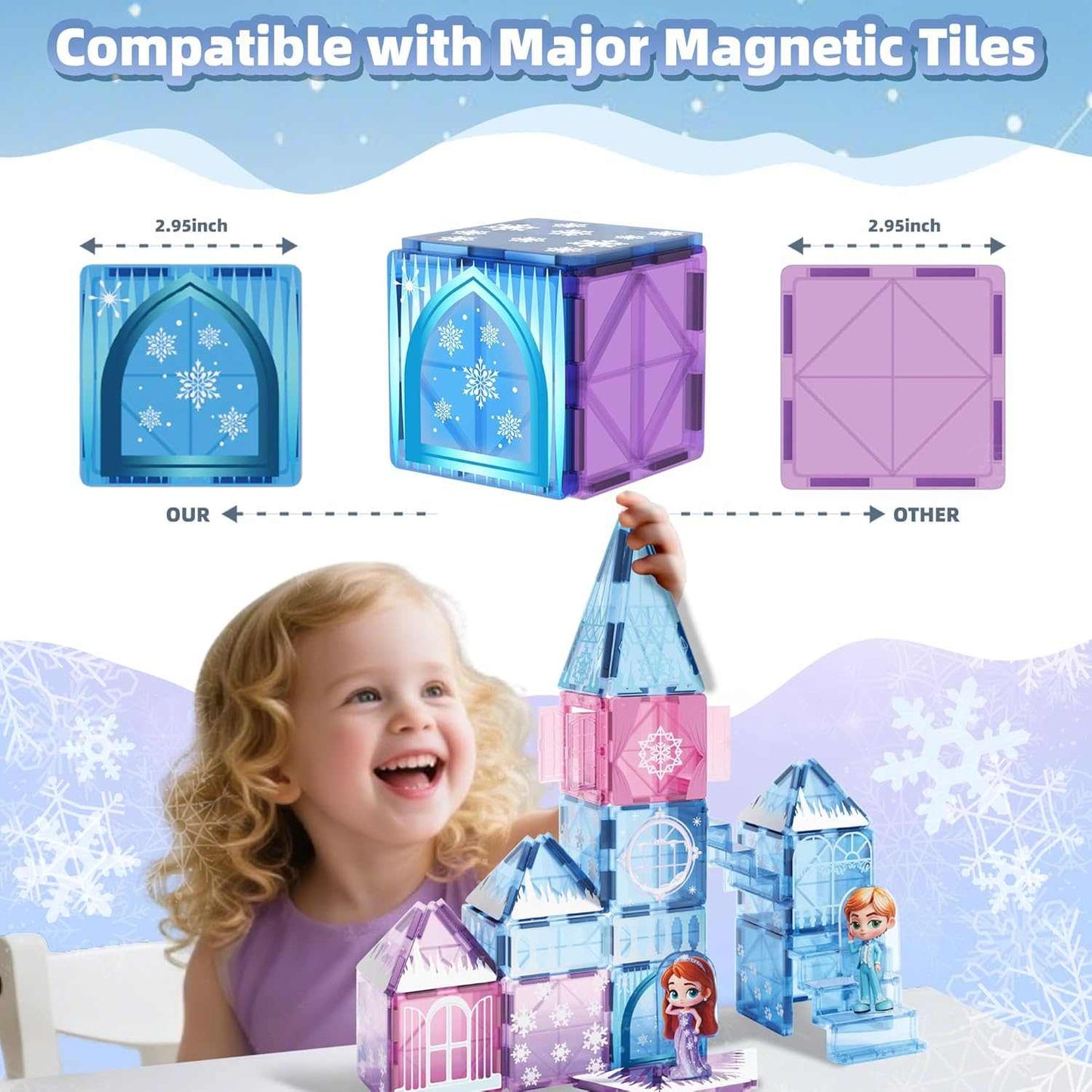 Magnetic tiles princess castle building set with dolls, stairs, windows, and snowflake pieces for STEM play