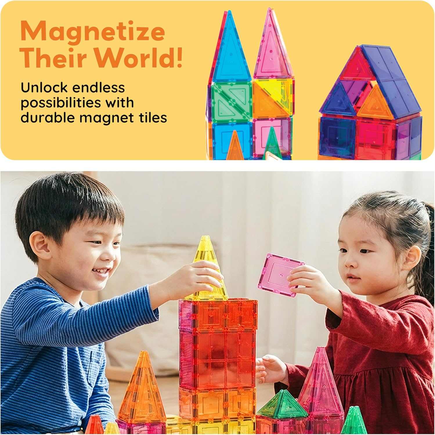 Children playing with colorful Magnetic Building Tiles for Kids, building towers and shapes for STEM learning and creativity