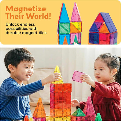 Children playing with colorful Magnetic Building Tiles for Kids, building towers and shapes for STEM learning and creativity