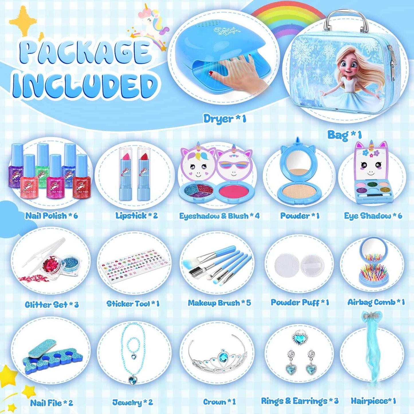 Kids Makeup Kit 42 piece washable makeup and nail set for girls ages 3-12 with accessories and mini nail dryer