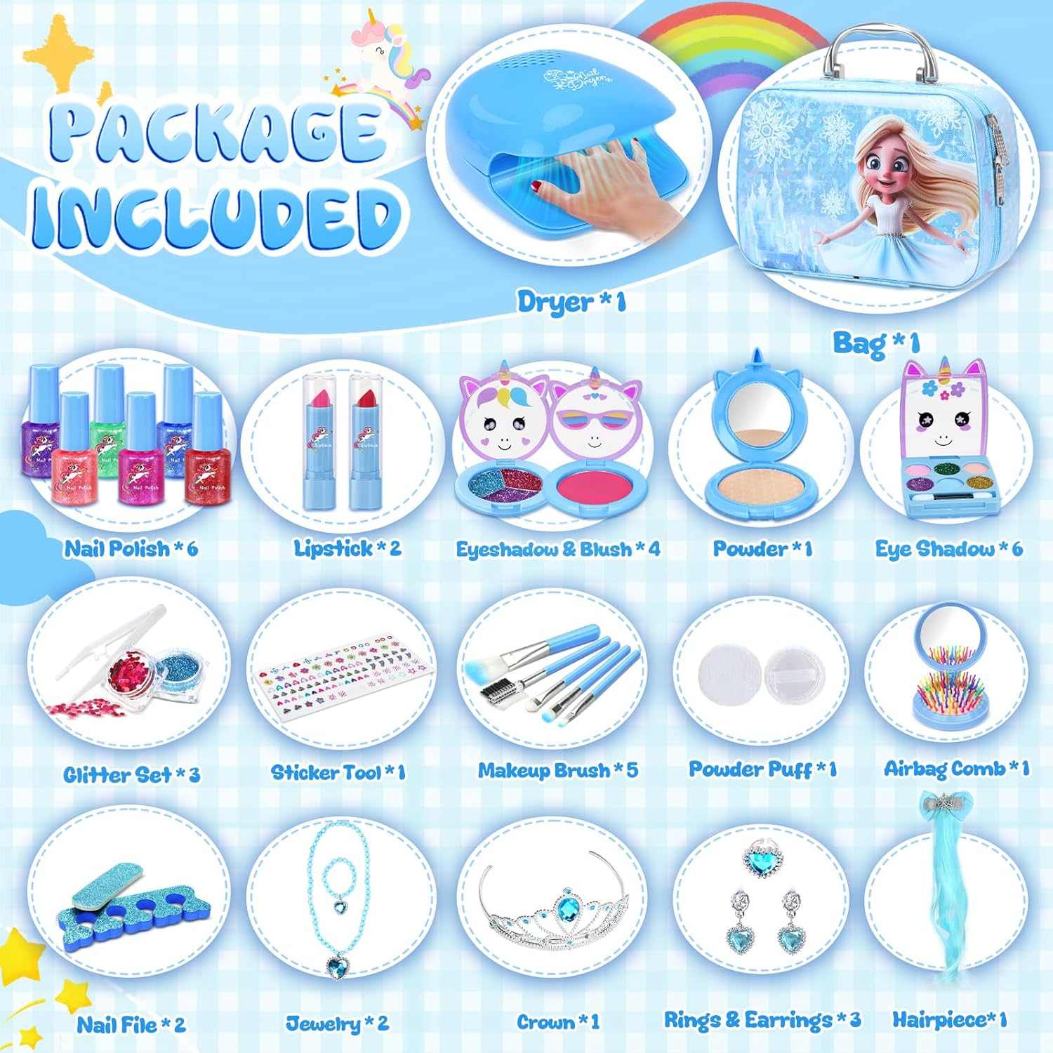 Kids Makeup Kit 42 piece washable makeup and nail set for girls ages 3-12 with accessories and mini nail dryer