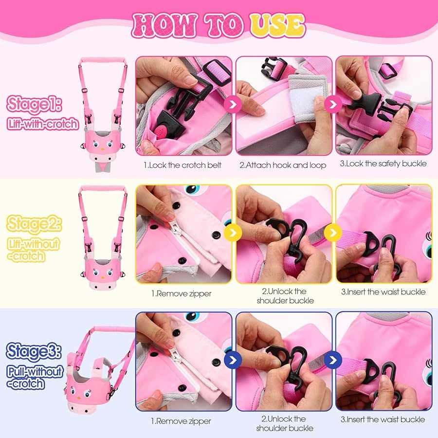 Baby Safety Helmet Set pink chicken with harness and knee pads showing step-by-step usage instructions