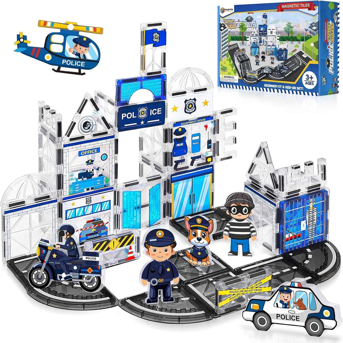Military Magnetic Tiles creative building set with police station and army vehicles for kids roleplay