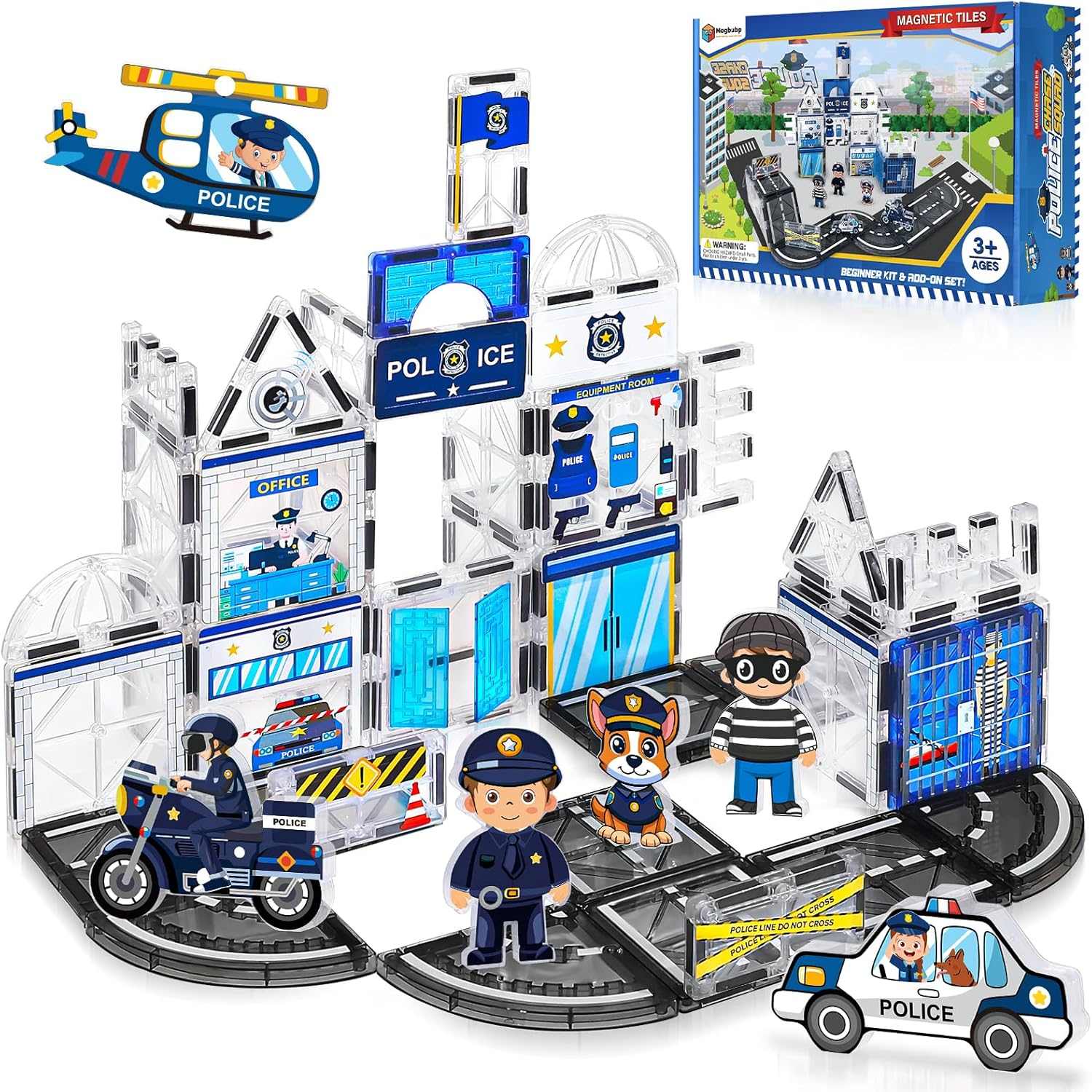 Military Magnetic Tiles creative building set with police station and army vehicles for kids roleplay