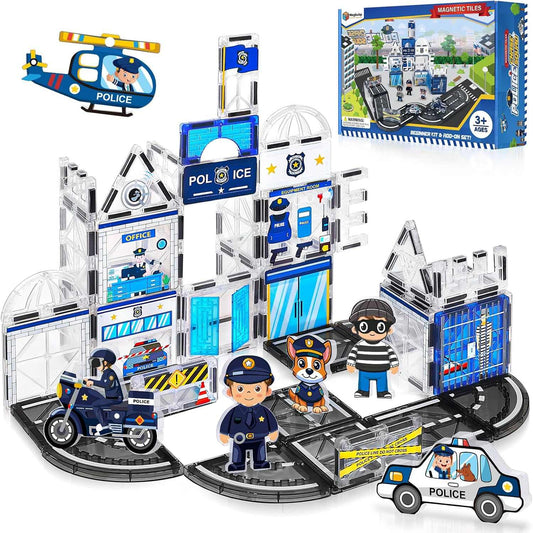 Military Magnetic Tiles creative building set with police station and army vehicles for kids roleplay