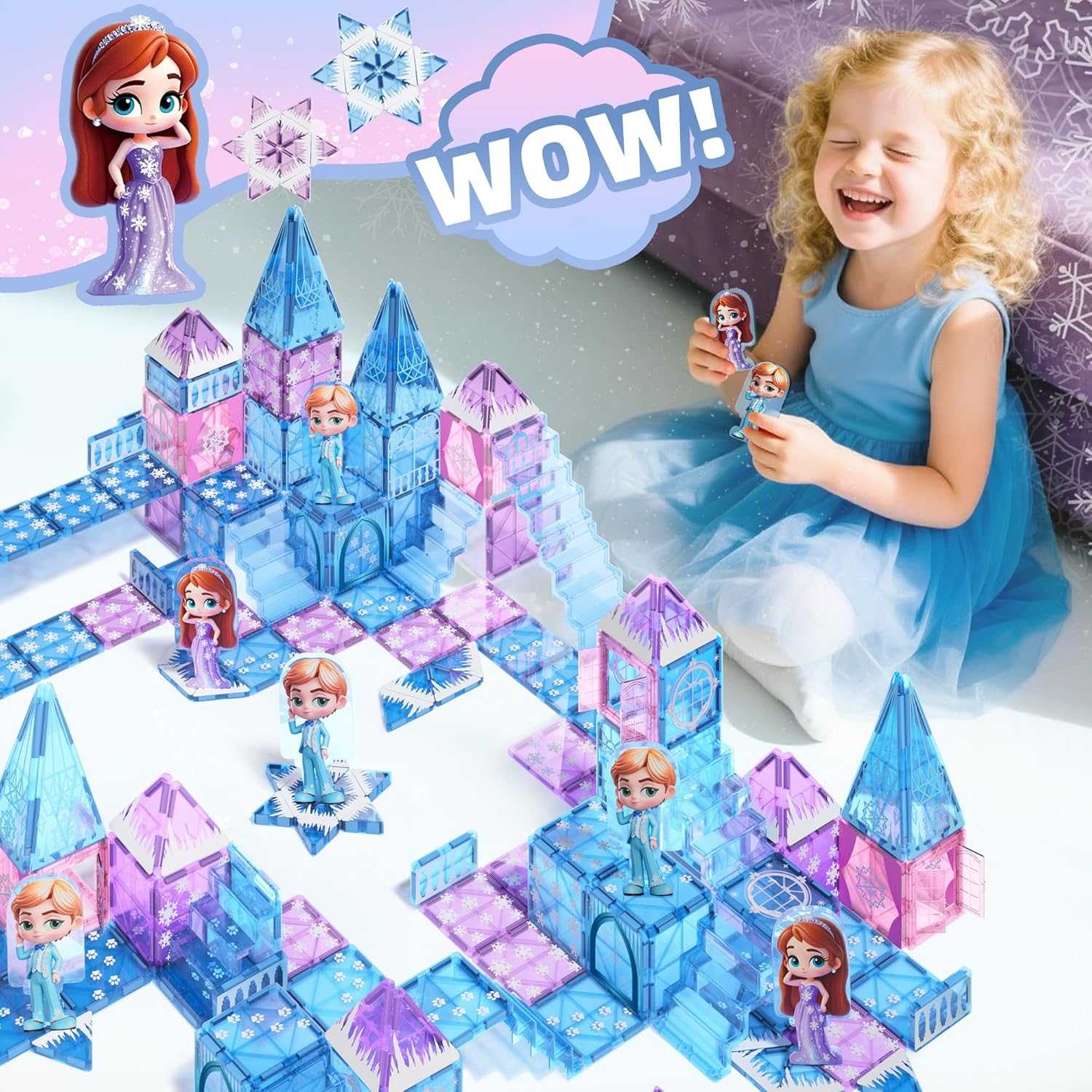 44-piece magnetic tiles princess castle building set with dolls and snowflake tiles for STEM play