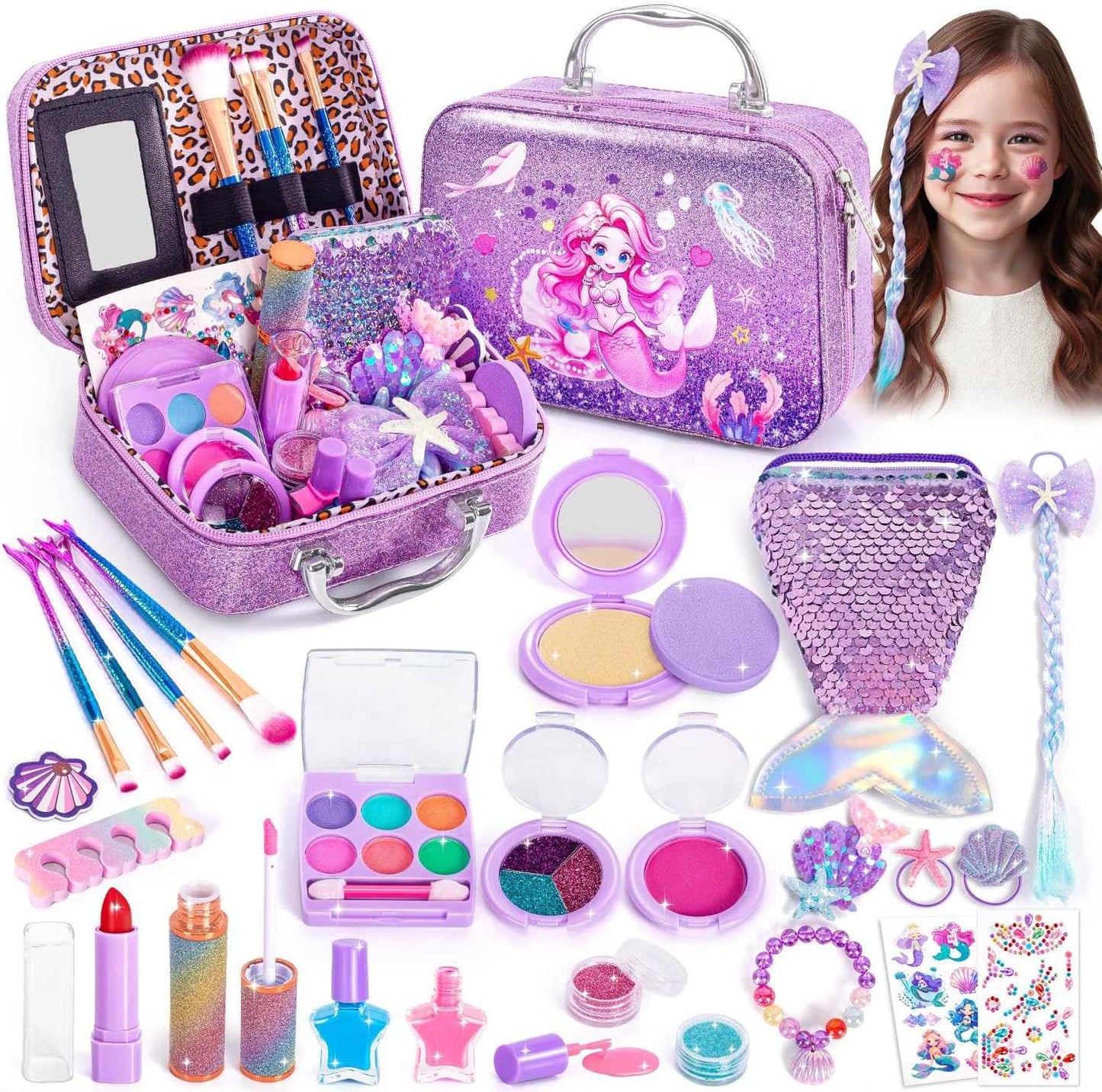 Kids makeup kit mermaid themed 26-piece washable cosmetic set in sparkly purple case for girls ages 3 to 12