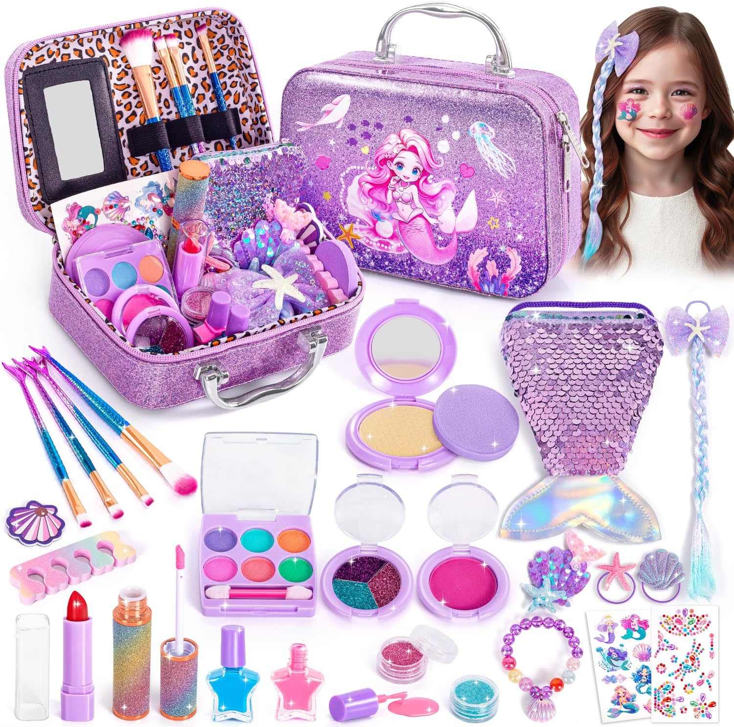 Kids makeup kit mermaid themed 26-piece washable cosmetic set in sparkly purple case for girls ages 3 to 12