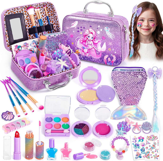 Kids makeup kit mermaid themed 26-piece washable cosmetic set in sparkly purple case for girls ages 3 to 12