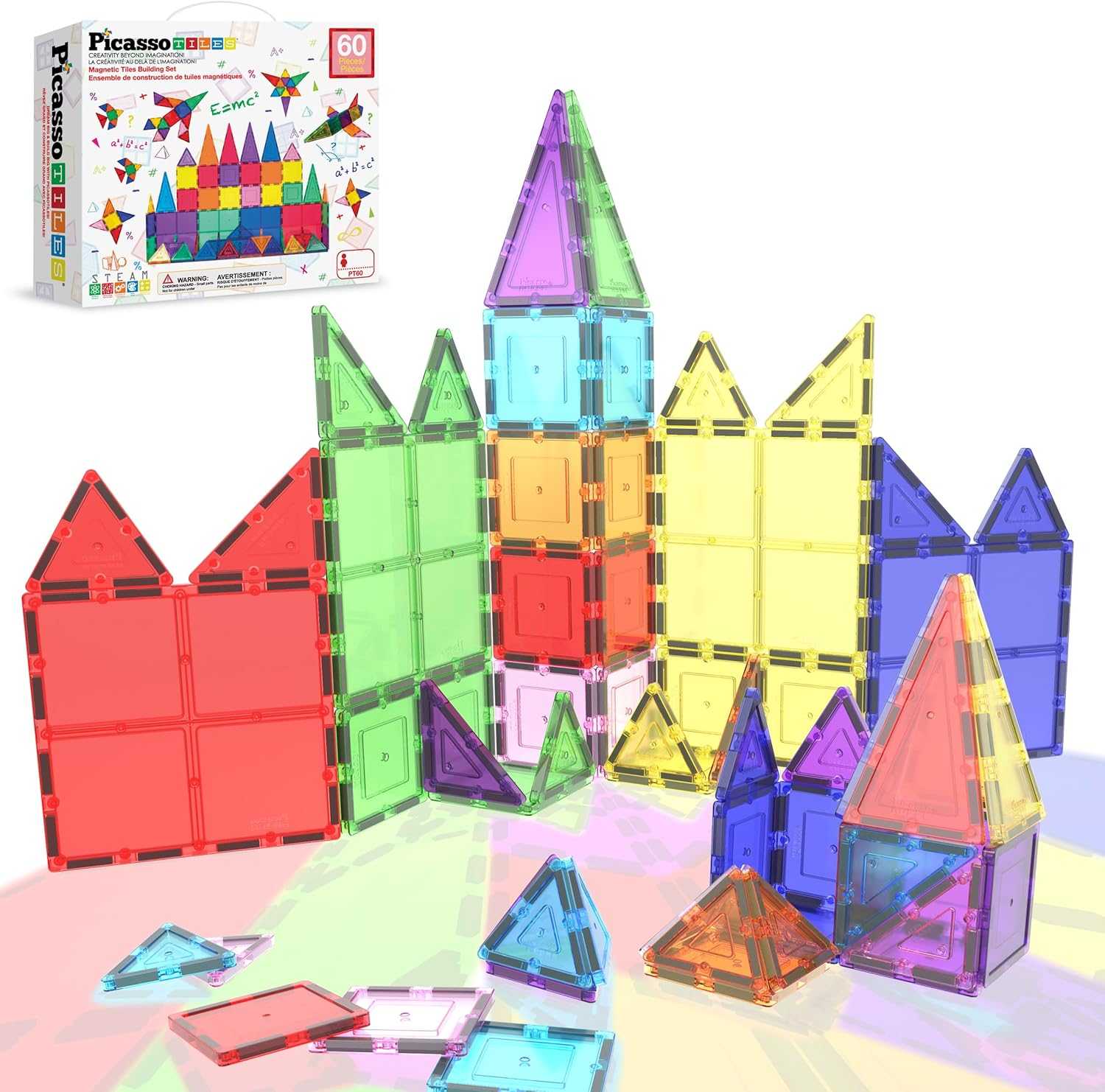 Colorful Magnetic Building Tiles for Kids assembled into geometric structures with packaging box in background
