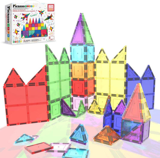 Colorful Magnetic Building Tiles for Kids assembled into geometric structures with packaging box in background