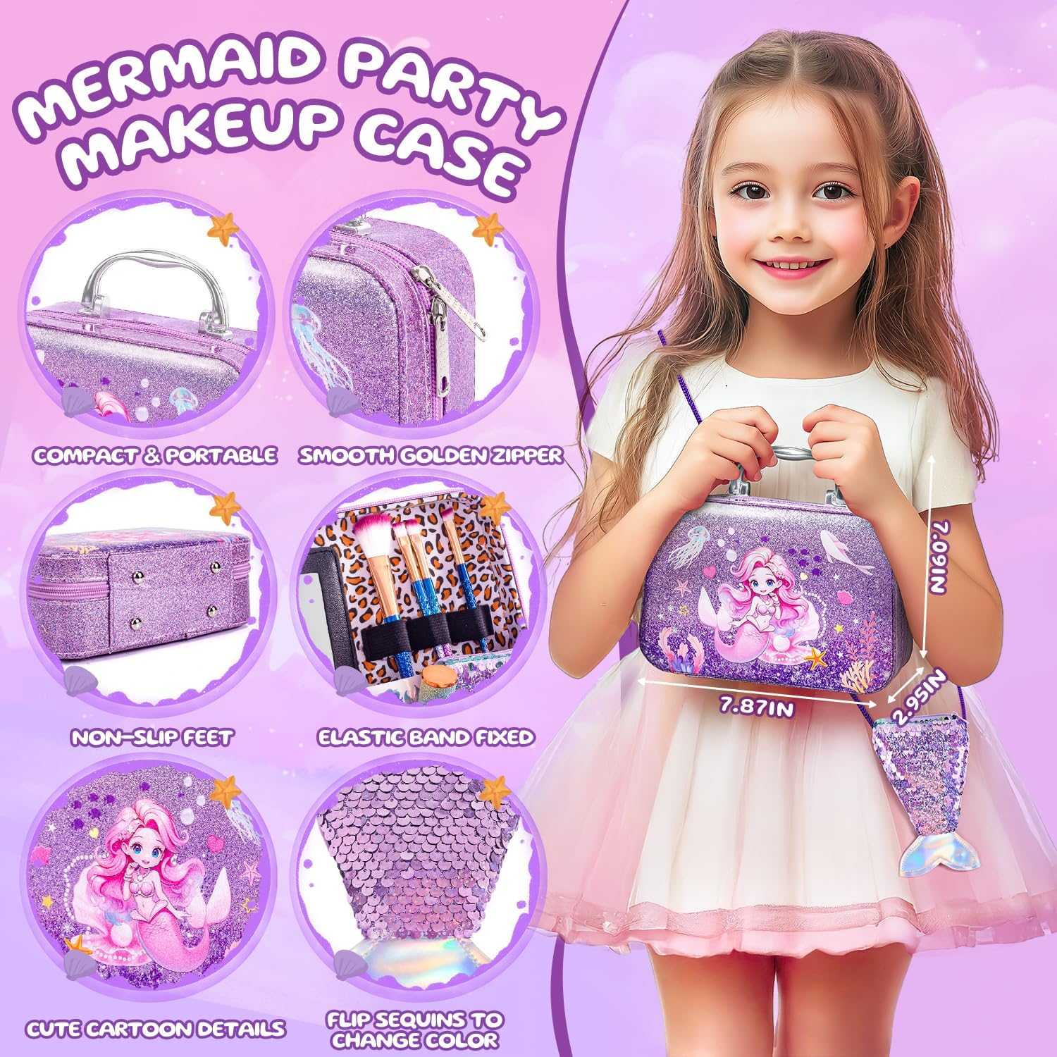 Kids makeup kit mermaid 26-piece washable cosmetic set for girls with purple case and mermaid accessories