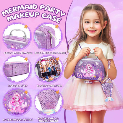 Kids makeup kit mermaid 26-piece washable cosmetic set for girls with purple case and mermaid accessories