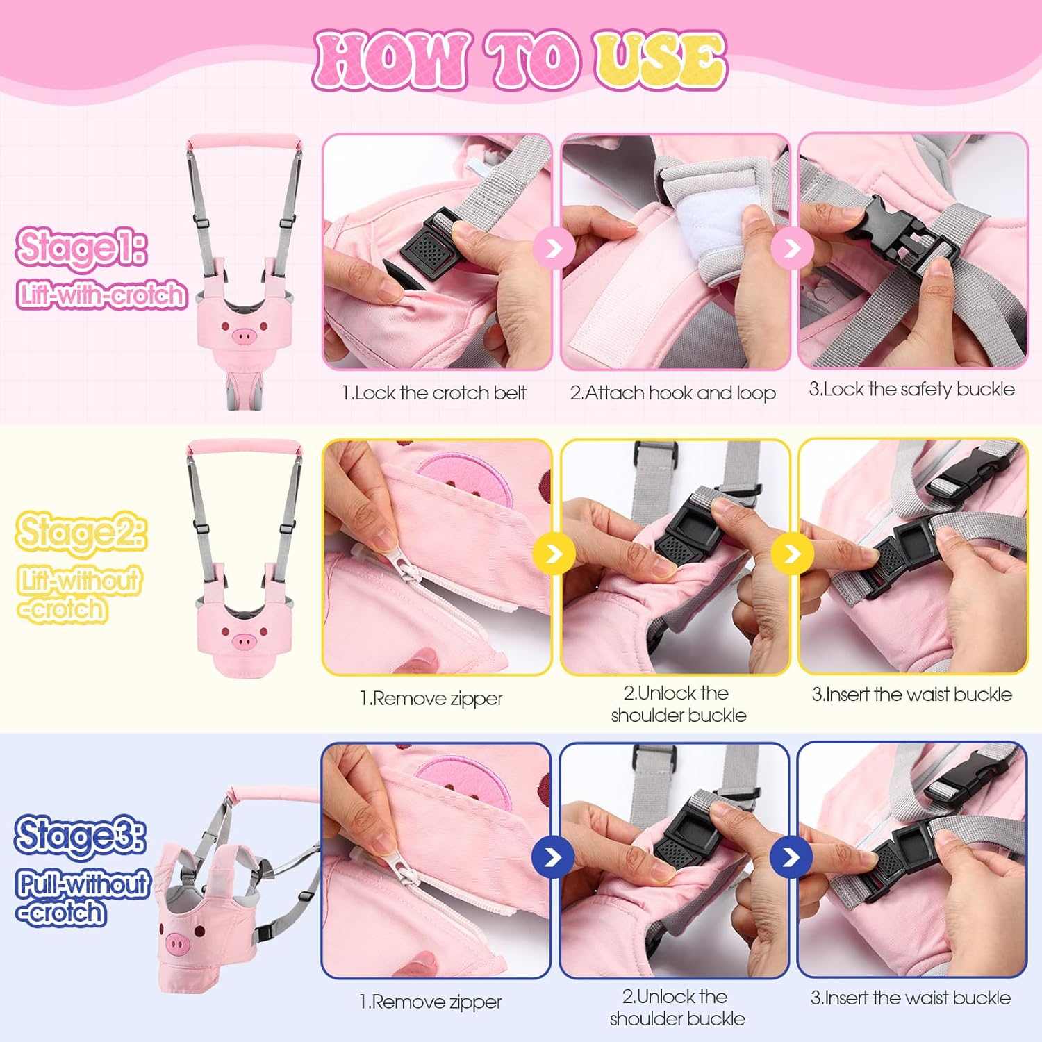 Step-by-step instructions for using pink pig themed baby safety helmet set with walking harness and knee pads