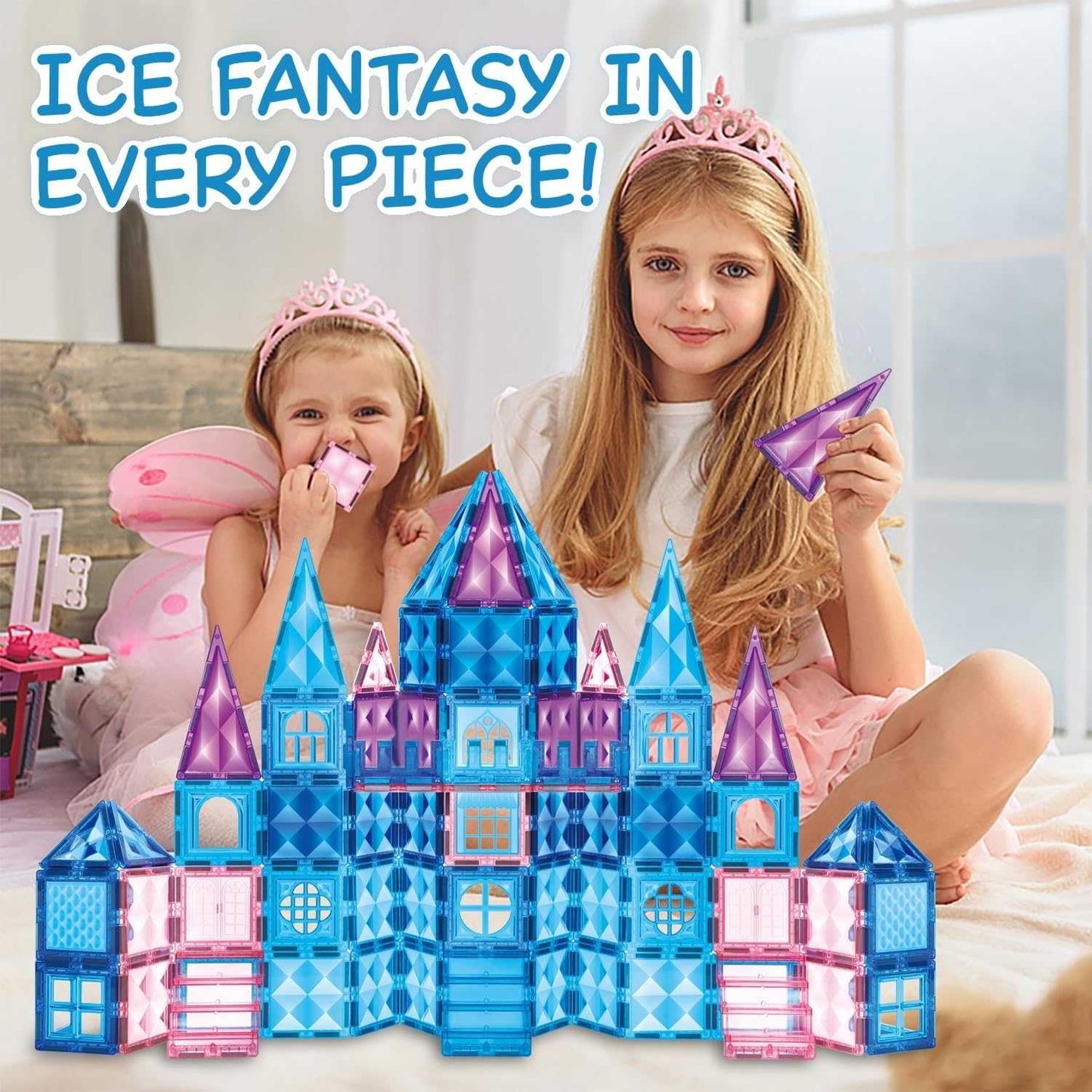Children playing with Ice Princess Castle Magnetic Tiles building set featuring a large blue and purple castle with princess dolls and fairy wings.