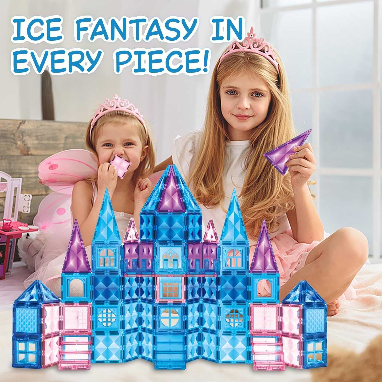 Children playing with Ice Princess Castle Magnetic Tiles building set featuring a large blue and purple castle with princess dolls and fairy wings.