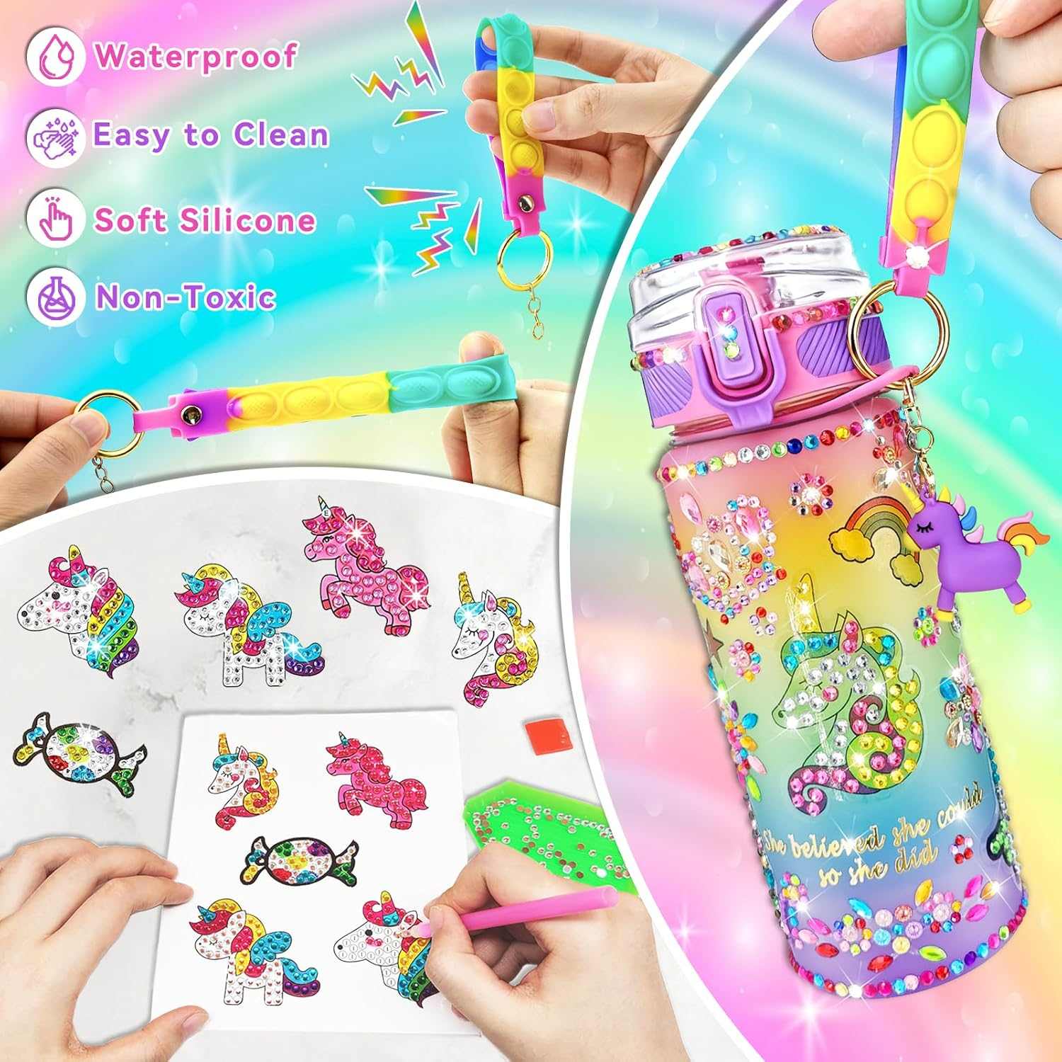 DIY Water Bottle Kit for kids with colorful themed accessories and fidget keychain