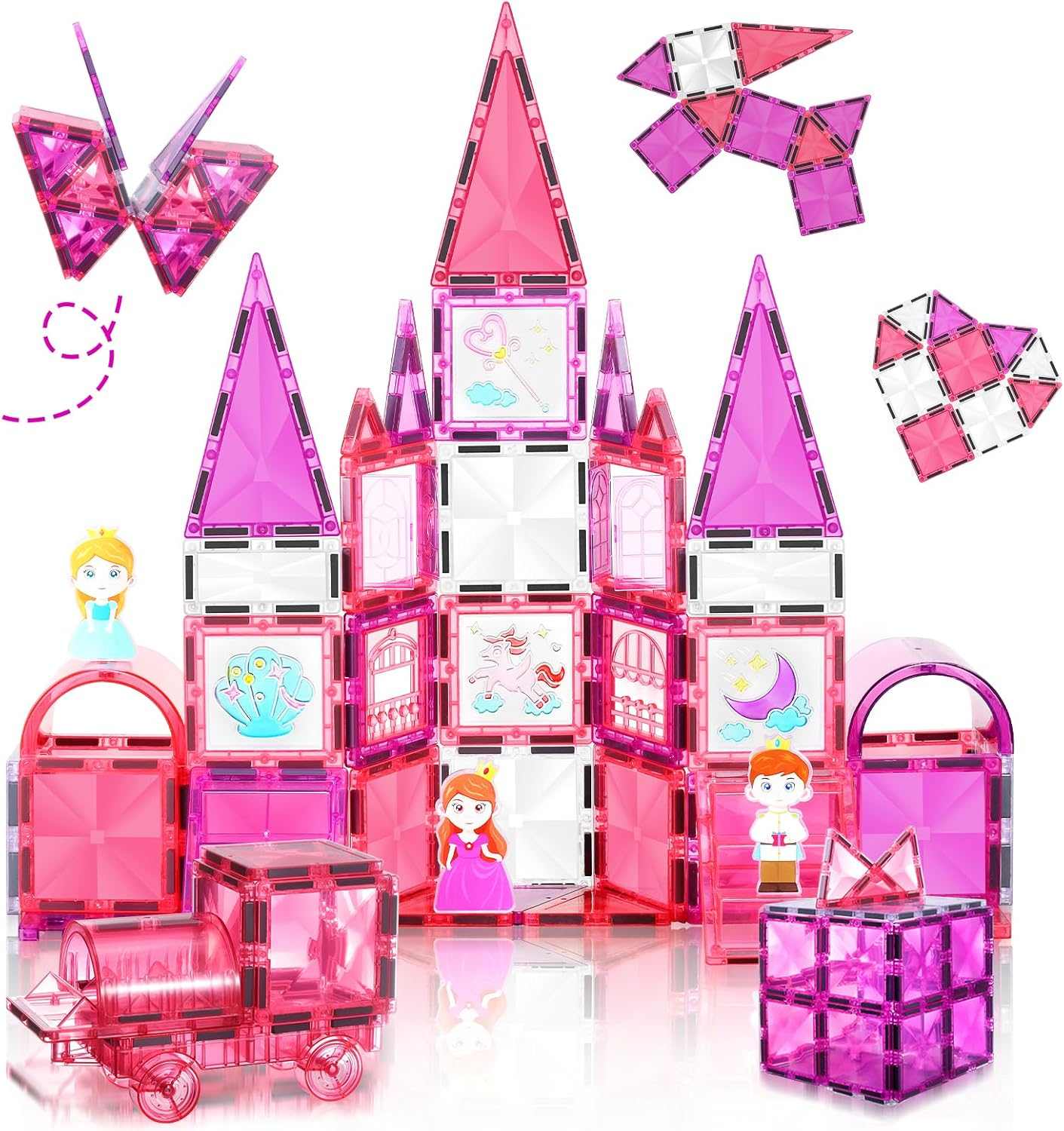 Strawberry Princess Castle magnetic tiles building set with pink castle, carriage, and princess figures for kids ages 3–8