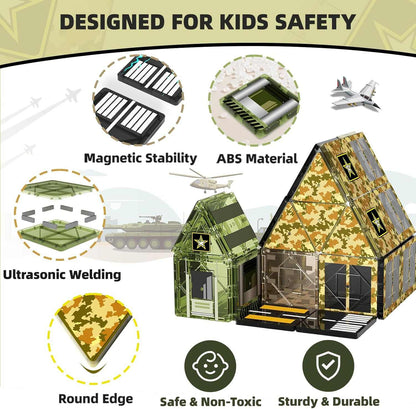 Toy structure with safety features highlighted, including magnetic stability, ABS material, ultrasonic welding, round edges, safety, and durability.