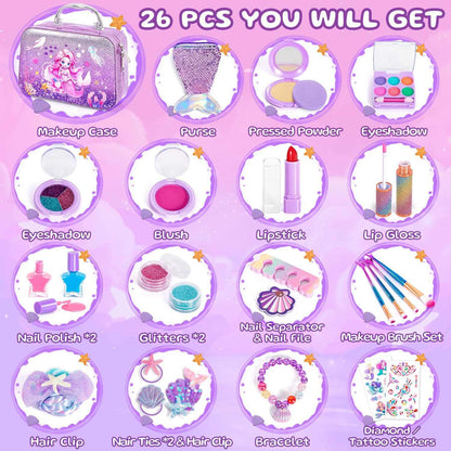 Kids makeup kit mermaid 26-piece washable cosmetic set for girls ages 3 to 12 in sparkly purple case
