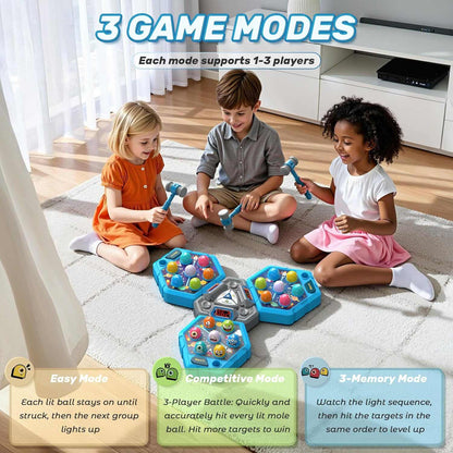 Three-player Whack A Mole Toy game with colorful lights and hammers for family fun and active play