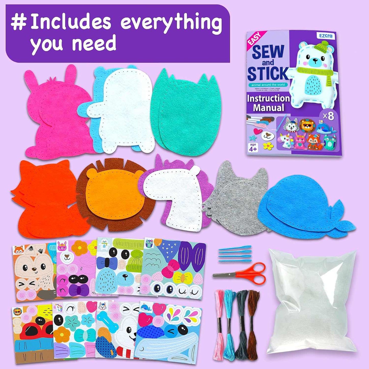 Sewing Kit for Kids with felt animal and fairy projects, blunt needle, colorful threads, and stickers for ages 4 to 8.