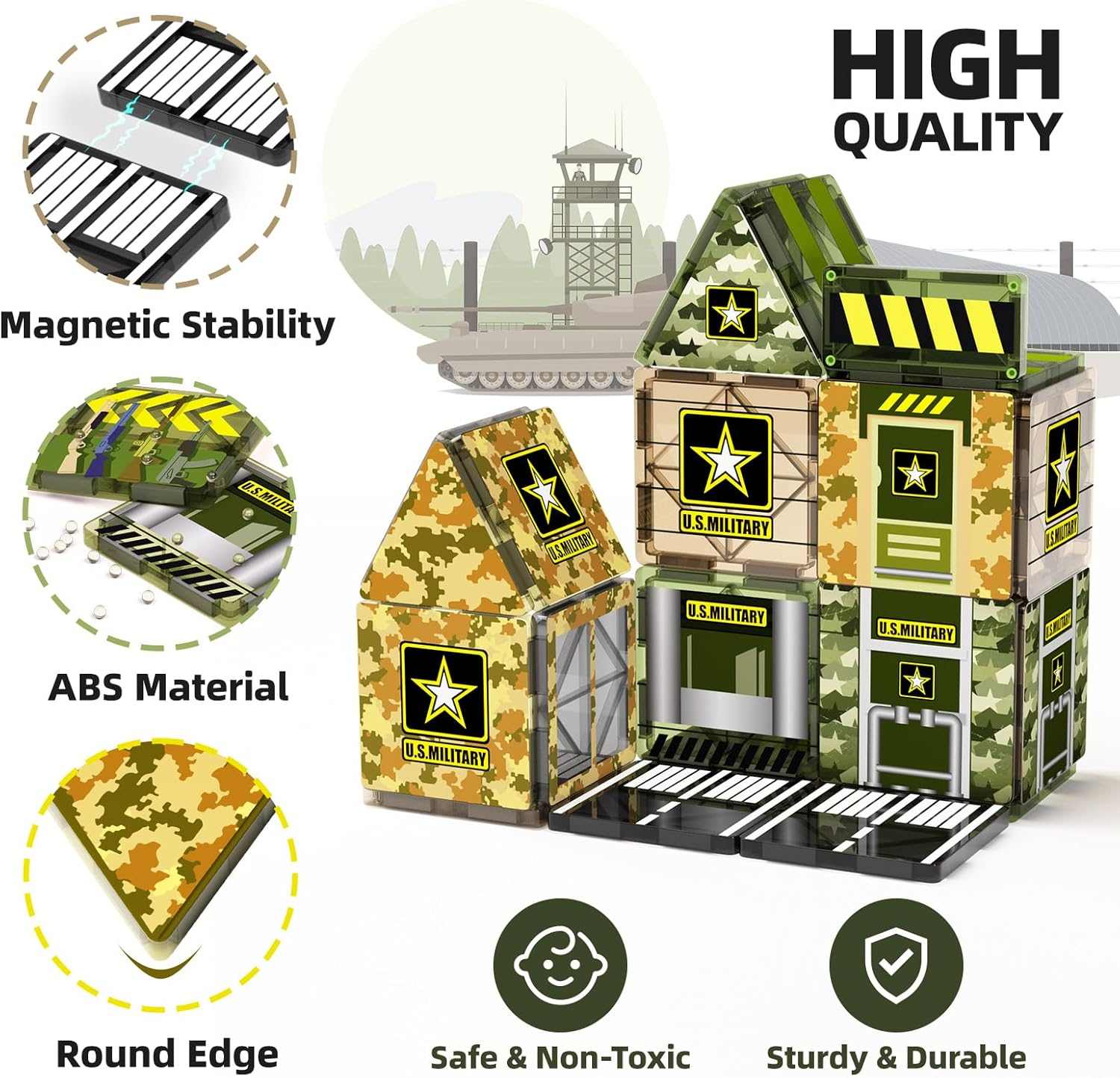 Military-themed building block set with ABS material, magnetic stability, and round edges on a white background.
