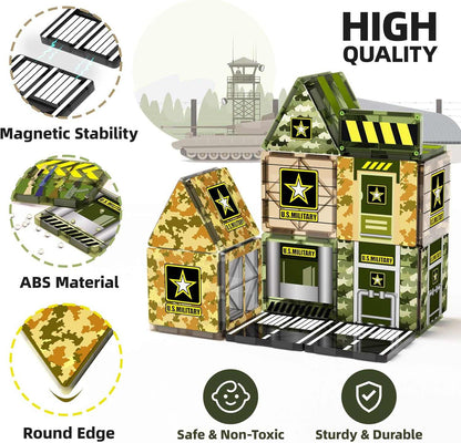 Military-themed building block set with ABS material, magnetic stability, and round edges on a white background.