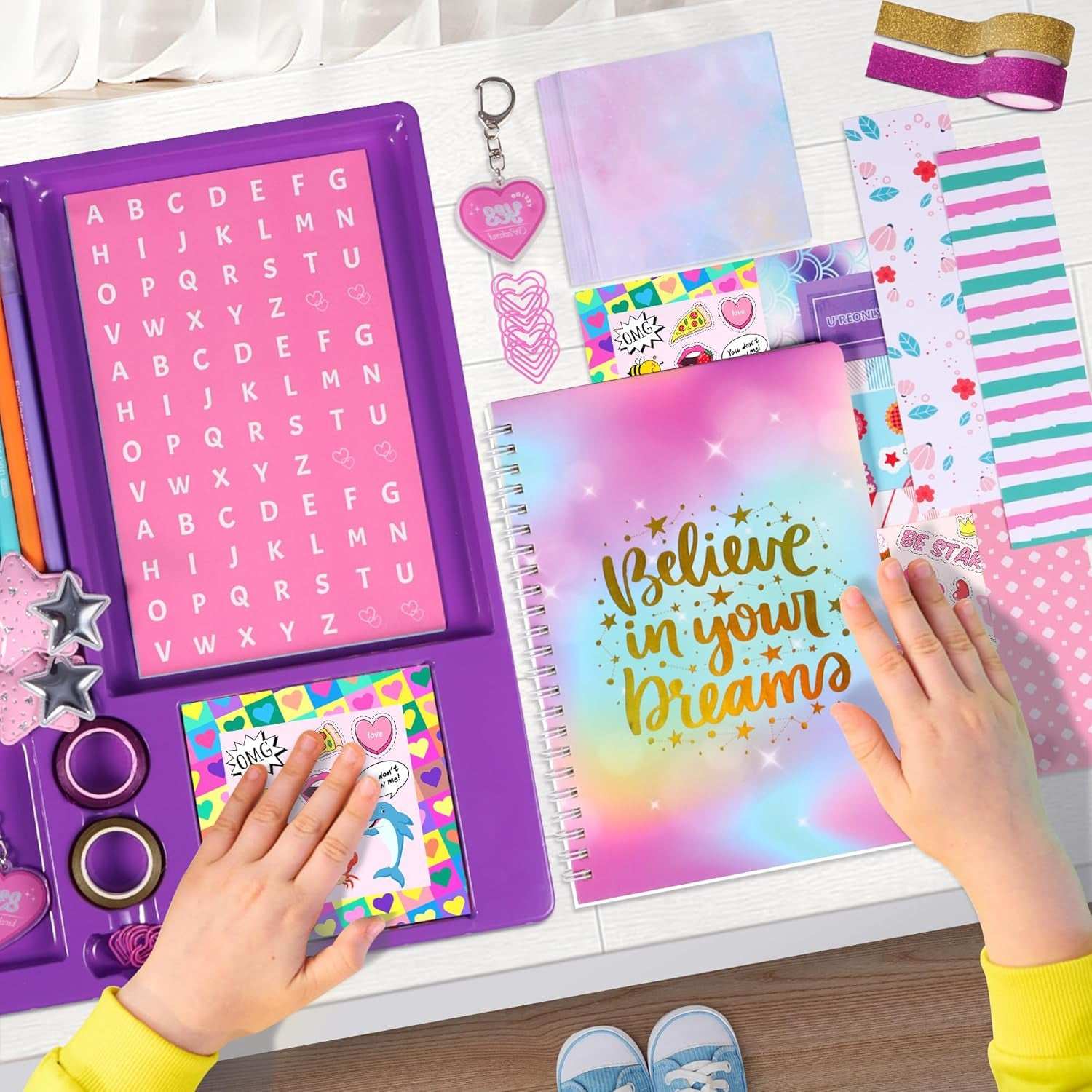 DIY Journal Kit for Girls with colorful pens, stickers, stencils, and decorative accessories for creating personalized diaries and scrapbooks