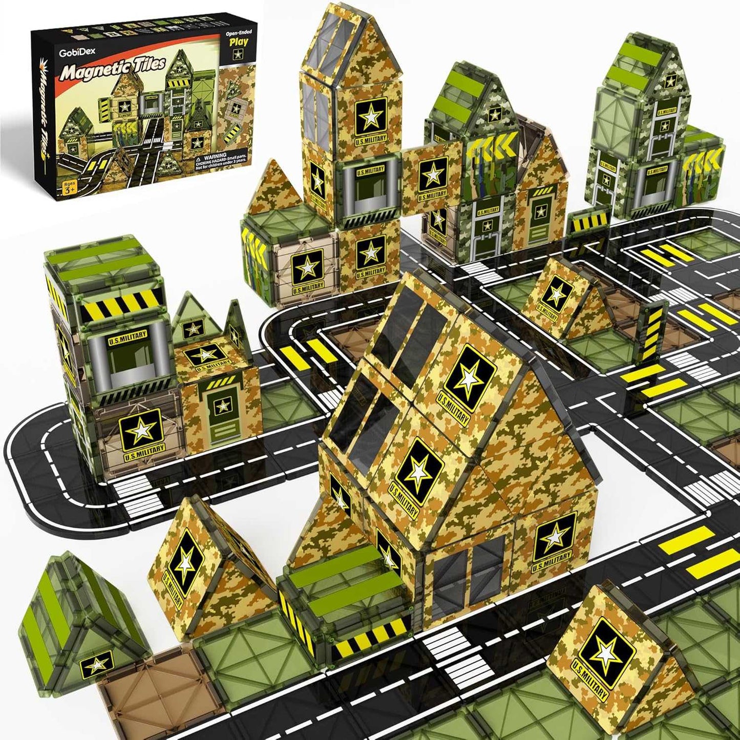 Camouflage-themed building blocks with roads and a box labeled 'Magnetic Tiles' on a white background.