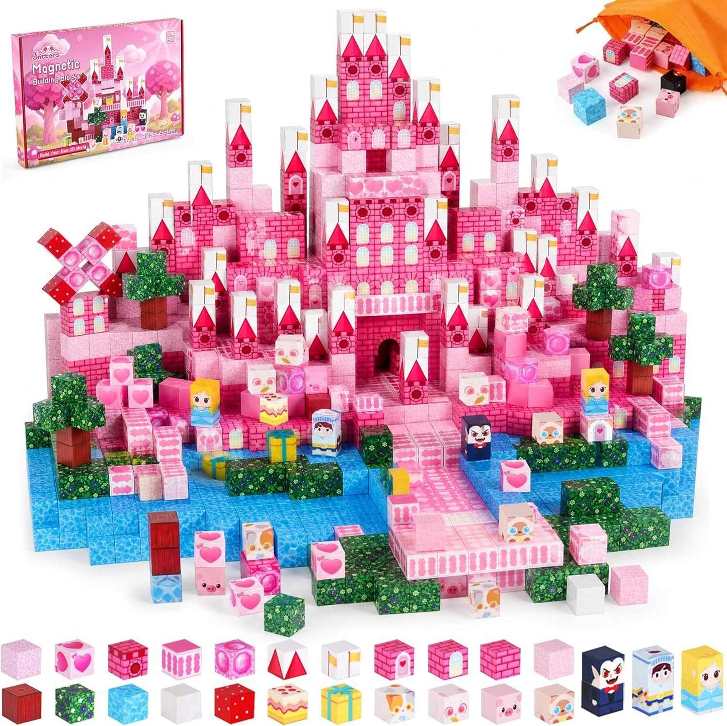 150-piece Magnetic Tiles princess castle STEM building set with colorful magnetic building blocks for creative play