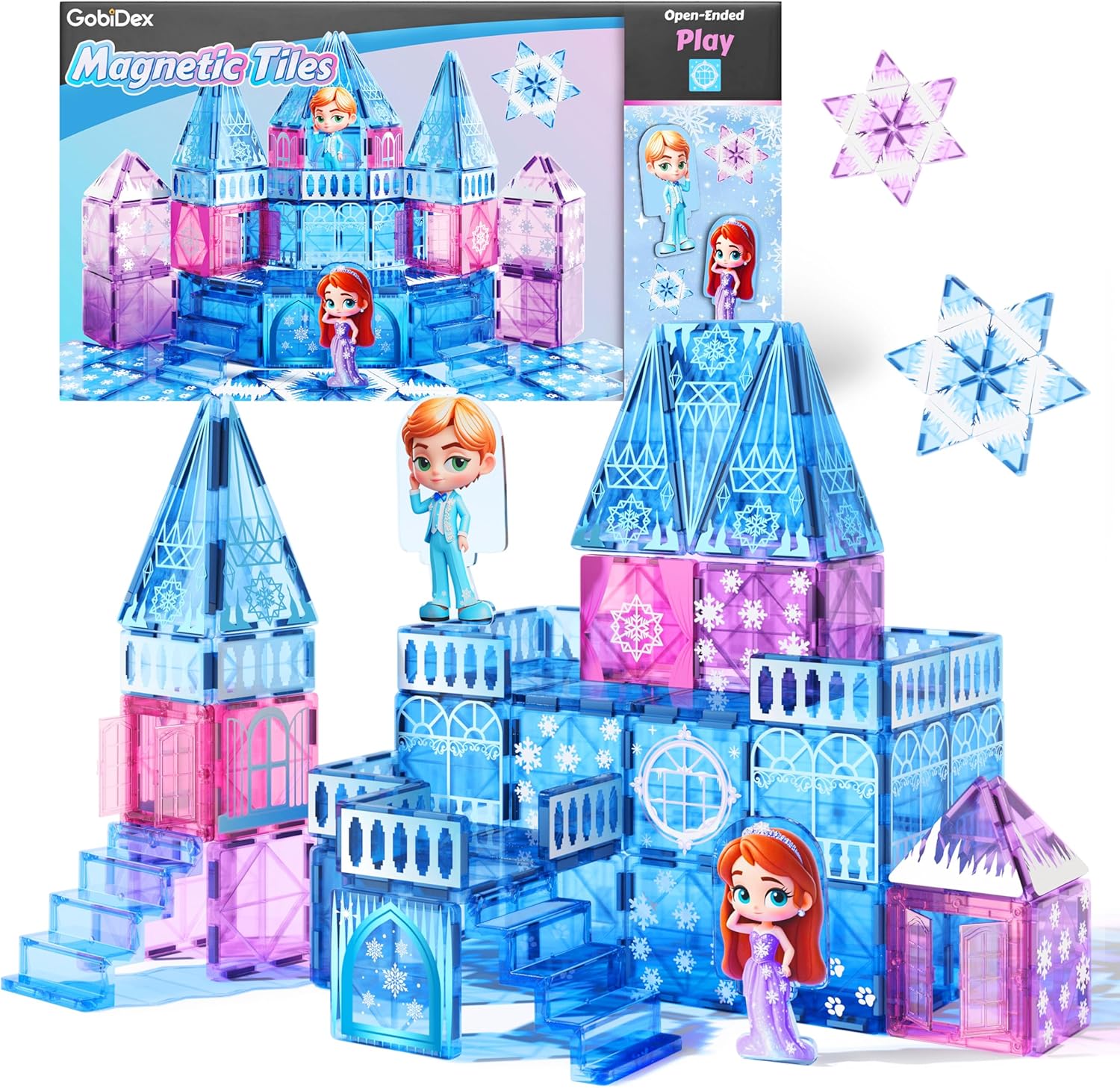 Magnetic tiles princess castle 44-piece STEM building set for girls with dolls and snowflake tiles