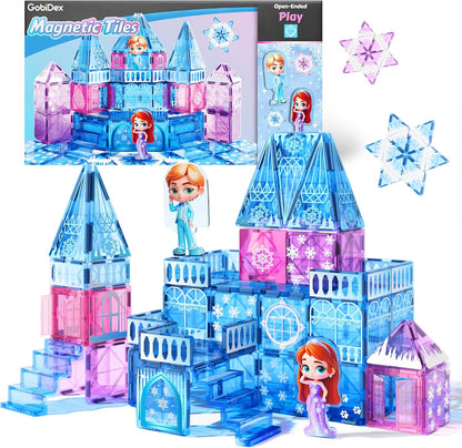 Magnetic tiles princess castle 44-piece STEM building set for girls with dolls and snowflake tiles