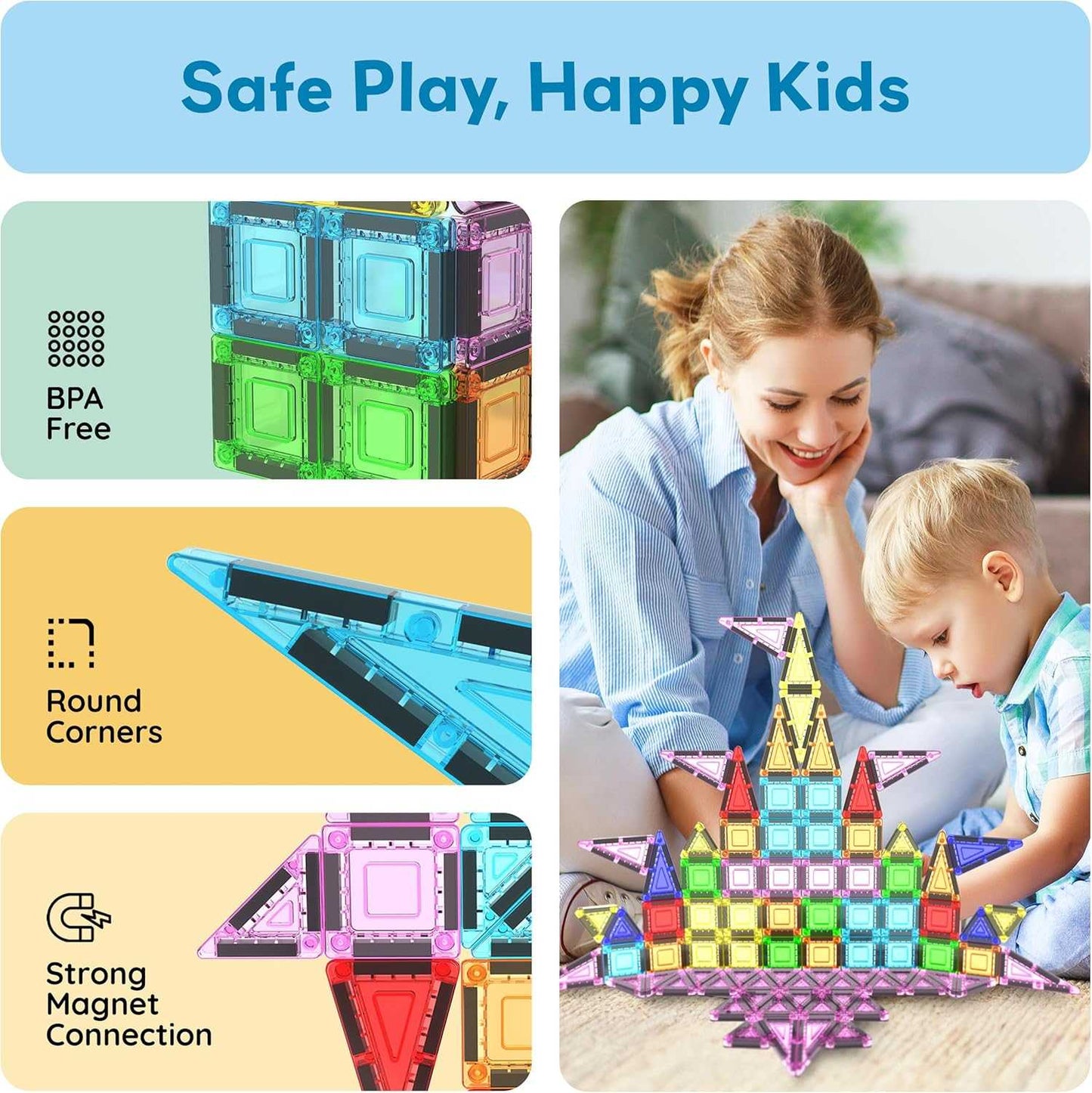 Magnetic Building Tiles for Kids with BPA-free, rounded corners, and strong magnet connection, promoting safe STEM play and creativity