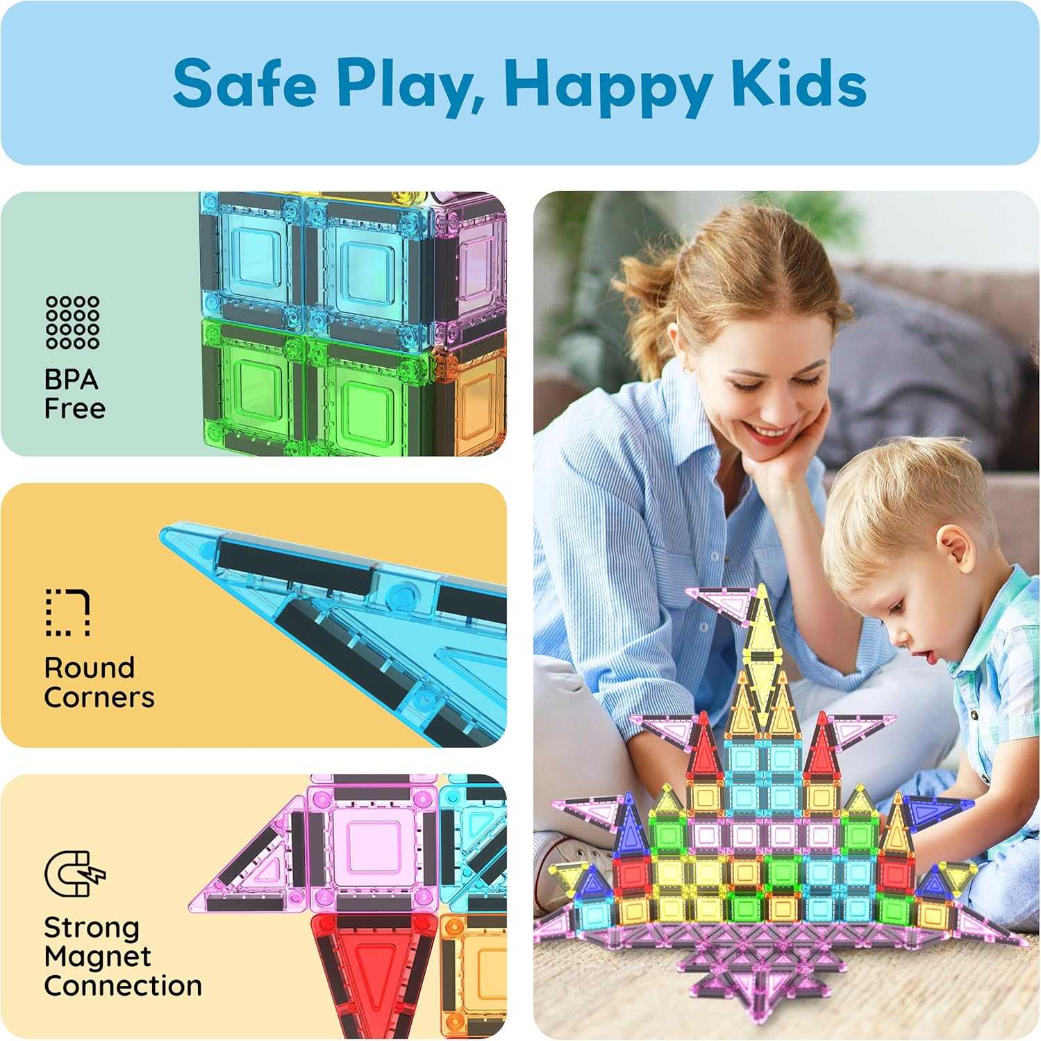 Magnetic Building Tiles for Kids with BPA-free, rounded corners, and strong magnet connection, promoting safe STEM play and creativity